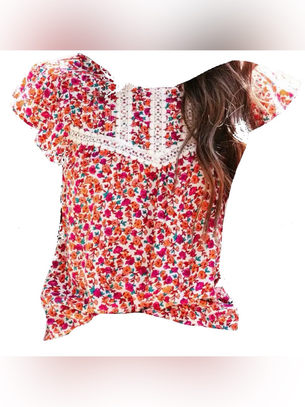 Vici Floral Crochet Yoke Short Sleeve Top Pink Orange Multi Small